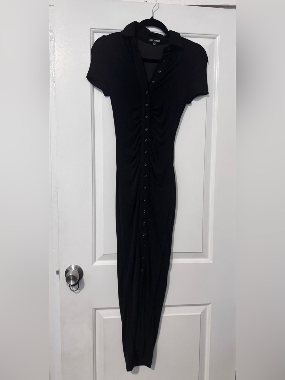 Black Button-Front Ruched Maxi Dress